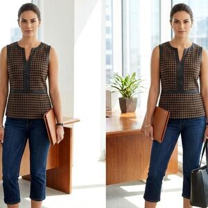 7 Avenue New York & Co. Houndstooth Peplum Top leather piping business chic